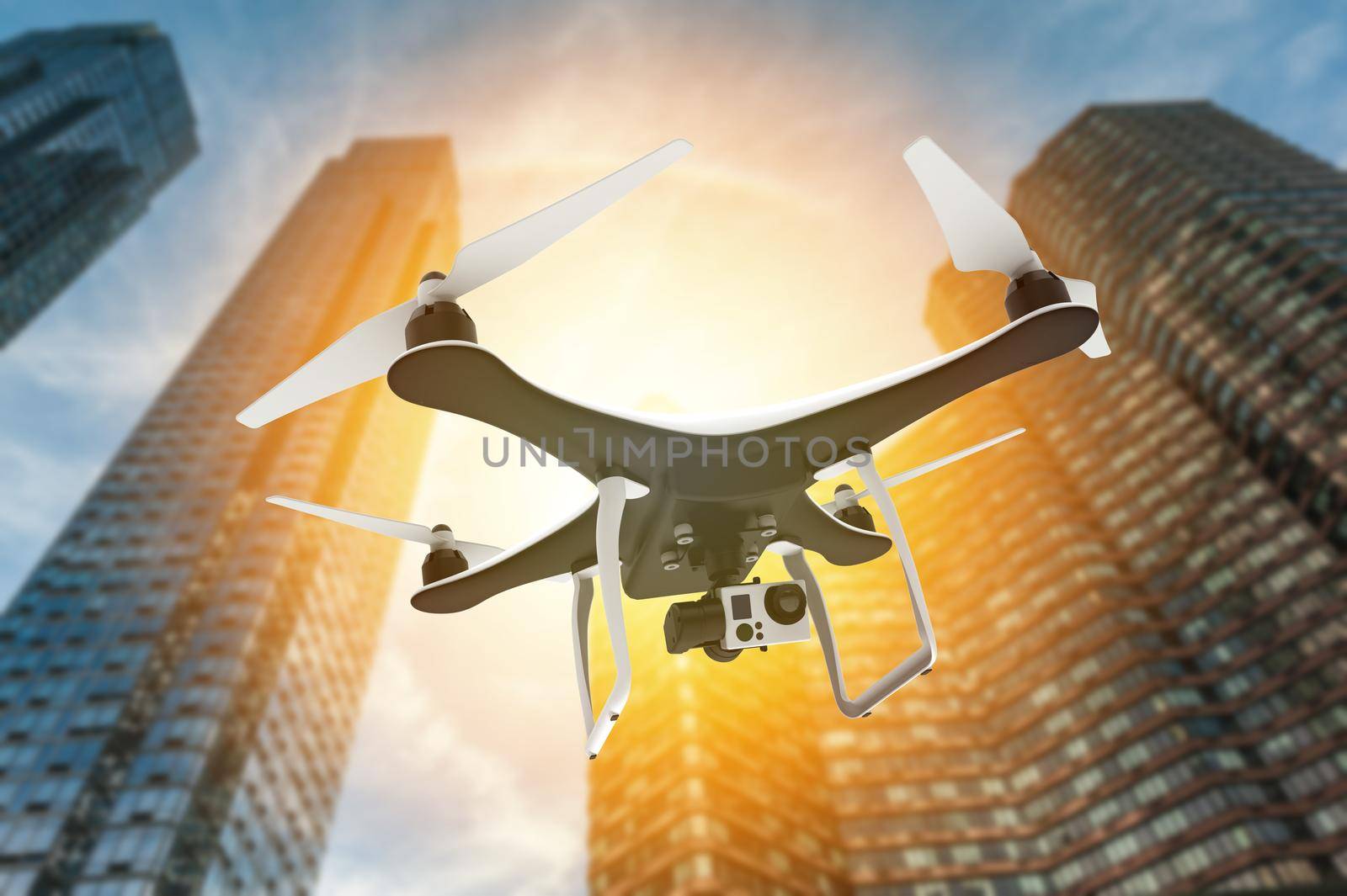 Drone with digital camera flying in front of skyscrapers at sunset: 3D rendering