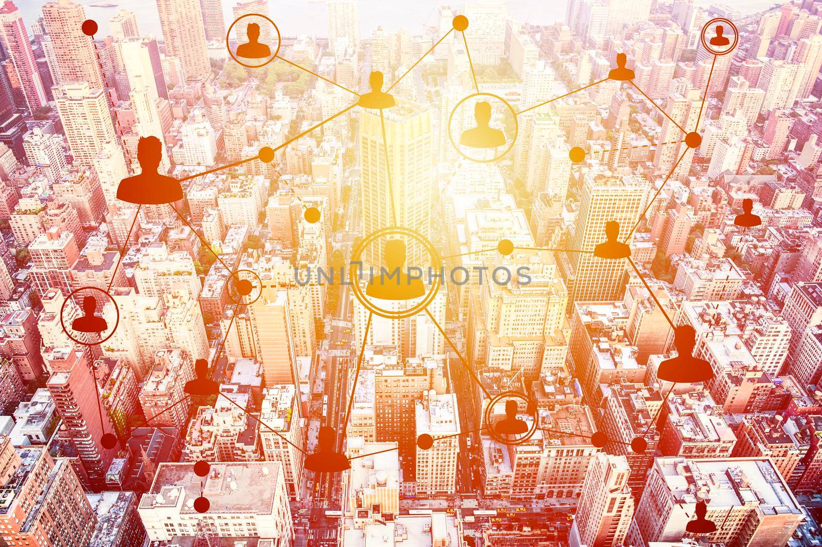 Social networking technologies above a city. Social media concept
