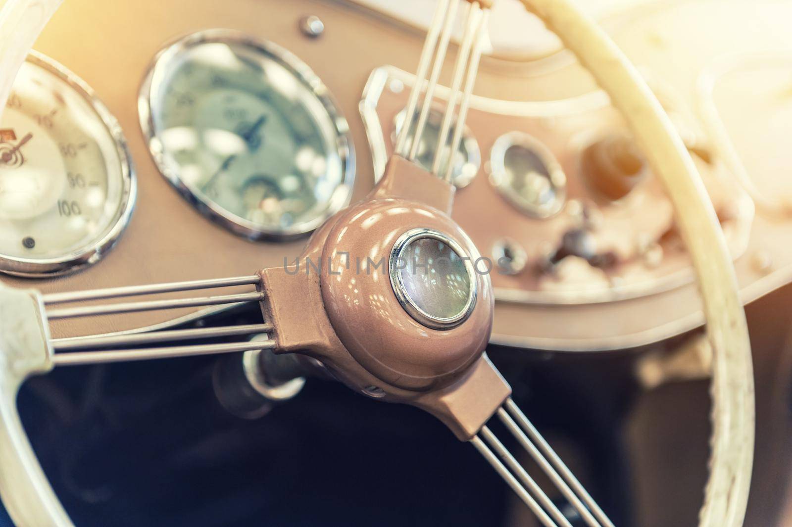 Closeup on a dashboard of a vintage car