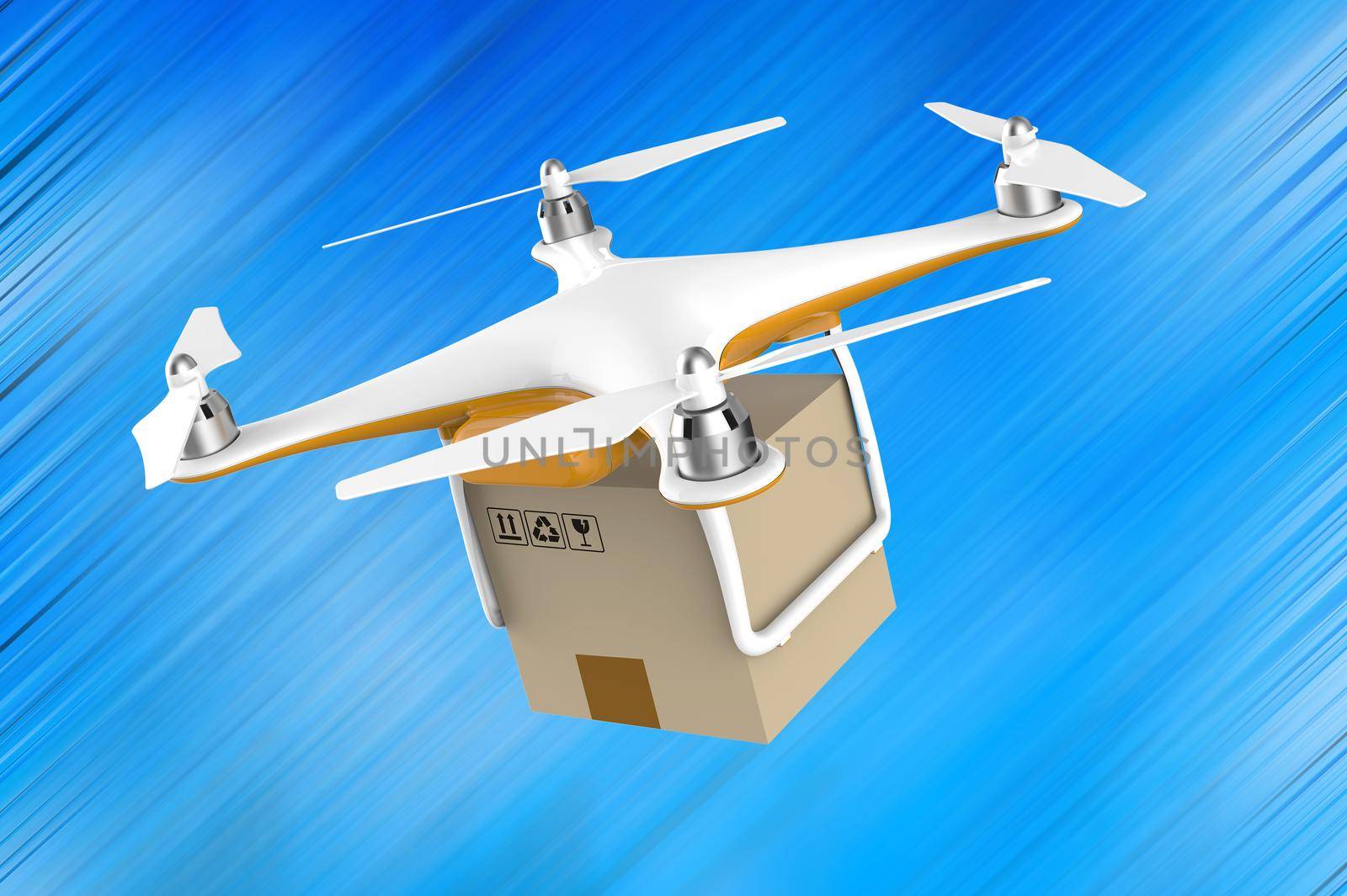 Drone flying with a delivery box package on a blue background: 3D rendering