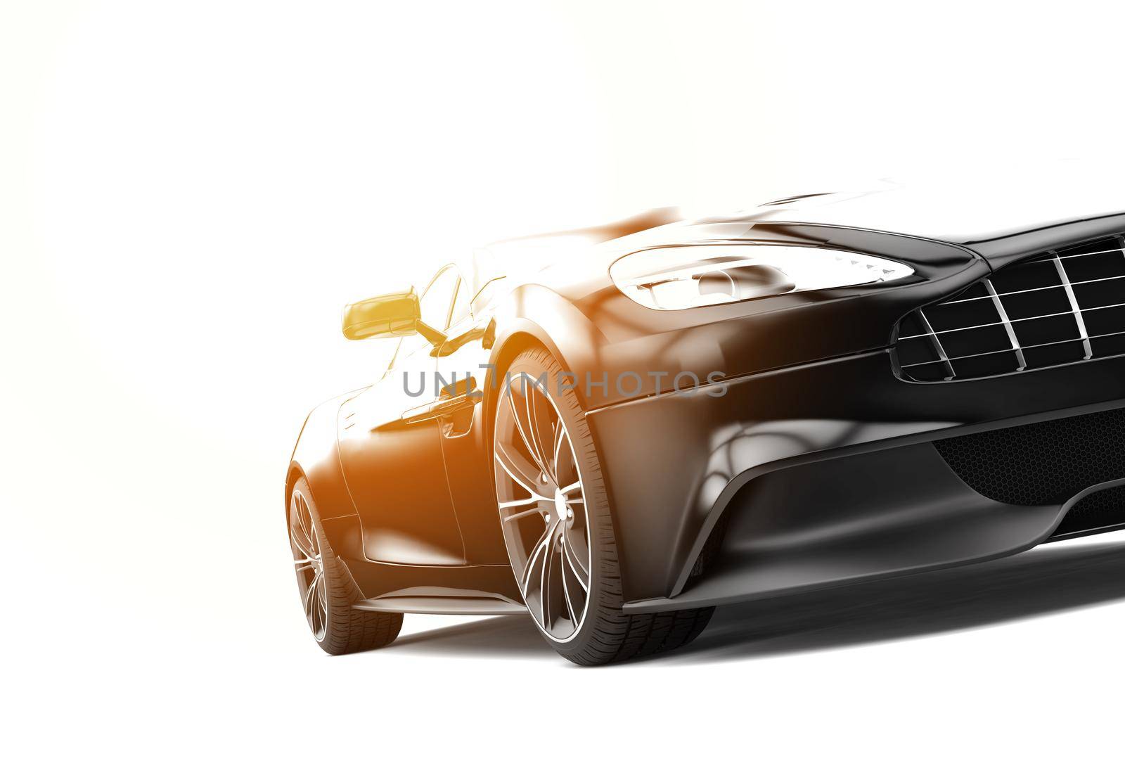 Black sport car isolated on a white background with sunset: 3D rendering