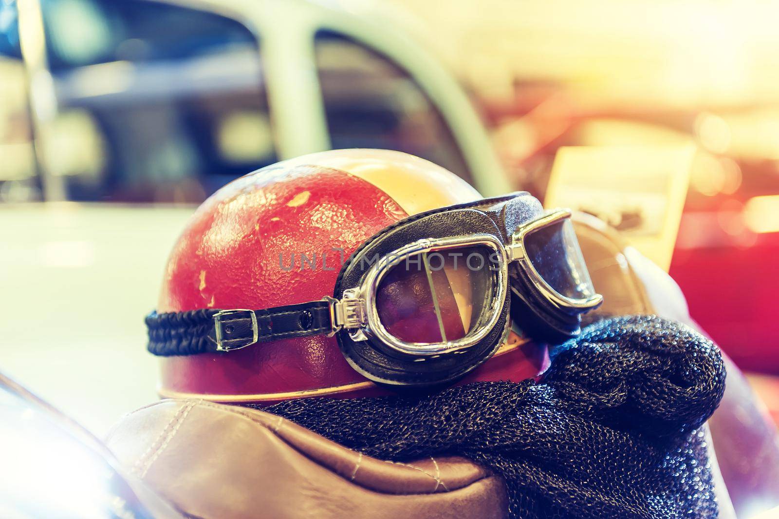 Helmet of a biker in vintage effect and sunlight