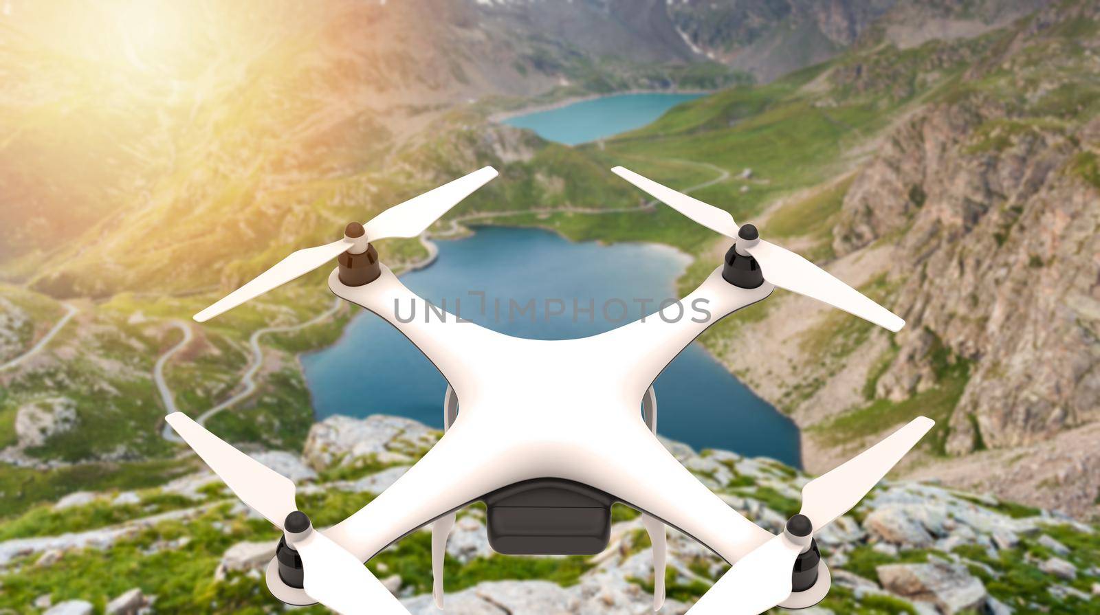 Drone with digital camera flying over mountains: 3D rendering