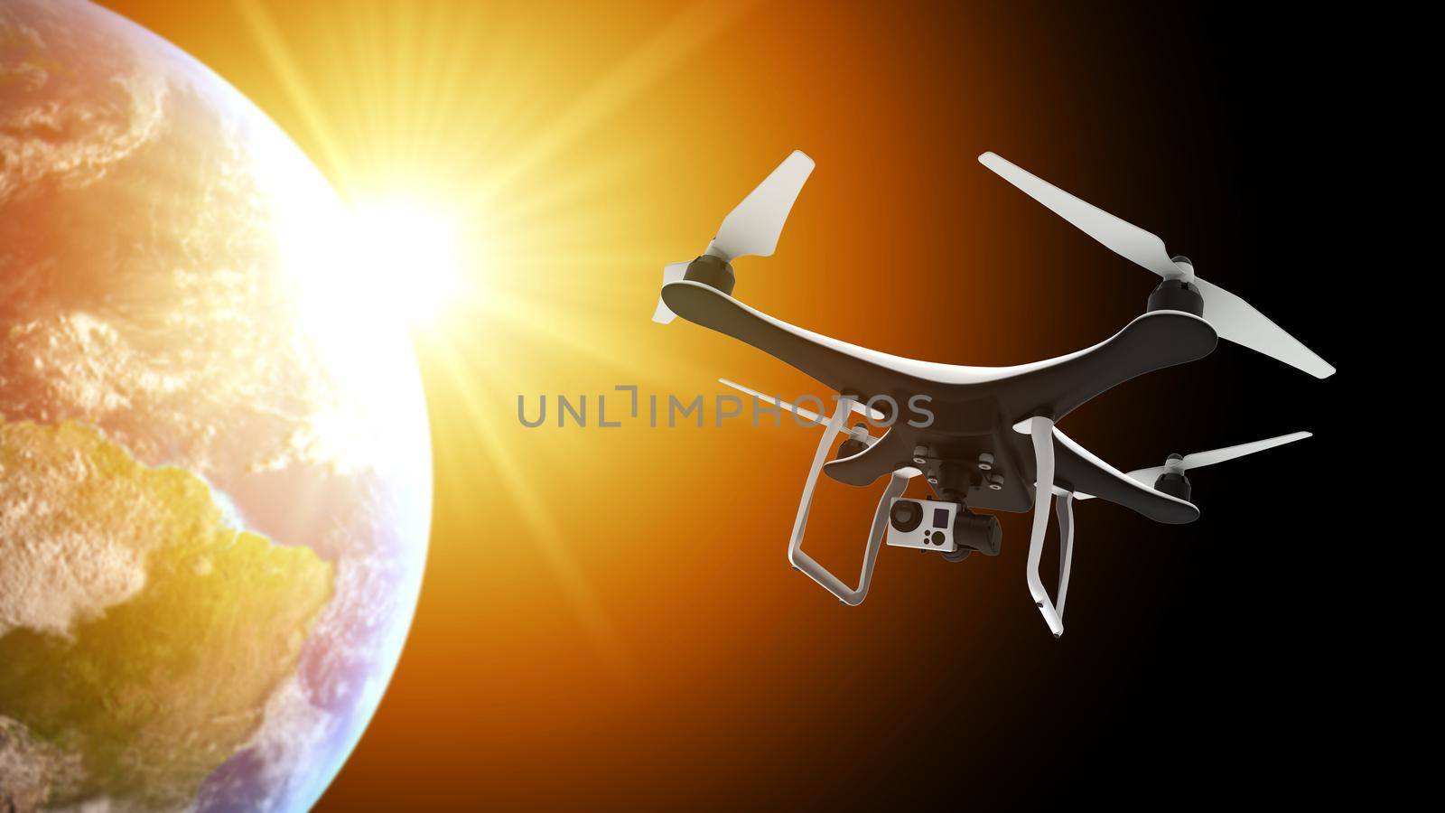 Drone with digital camera flying over Earth planet: 3D rendering