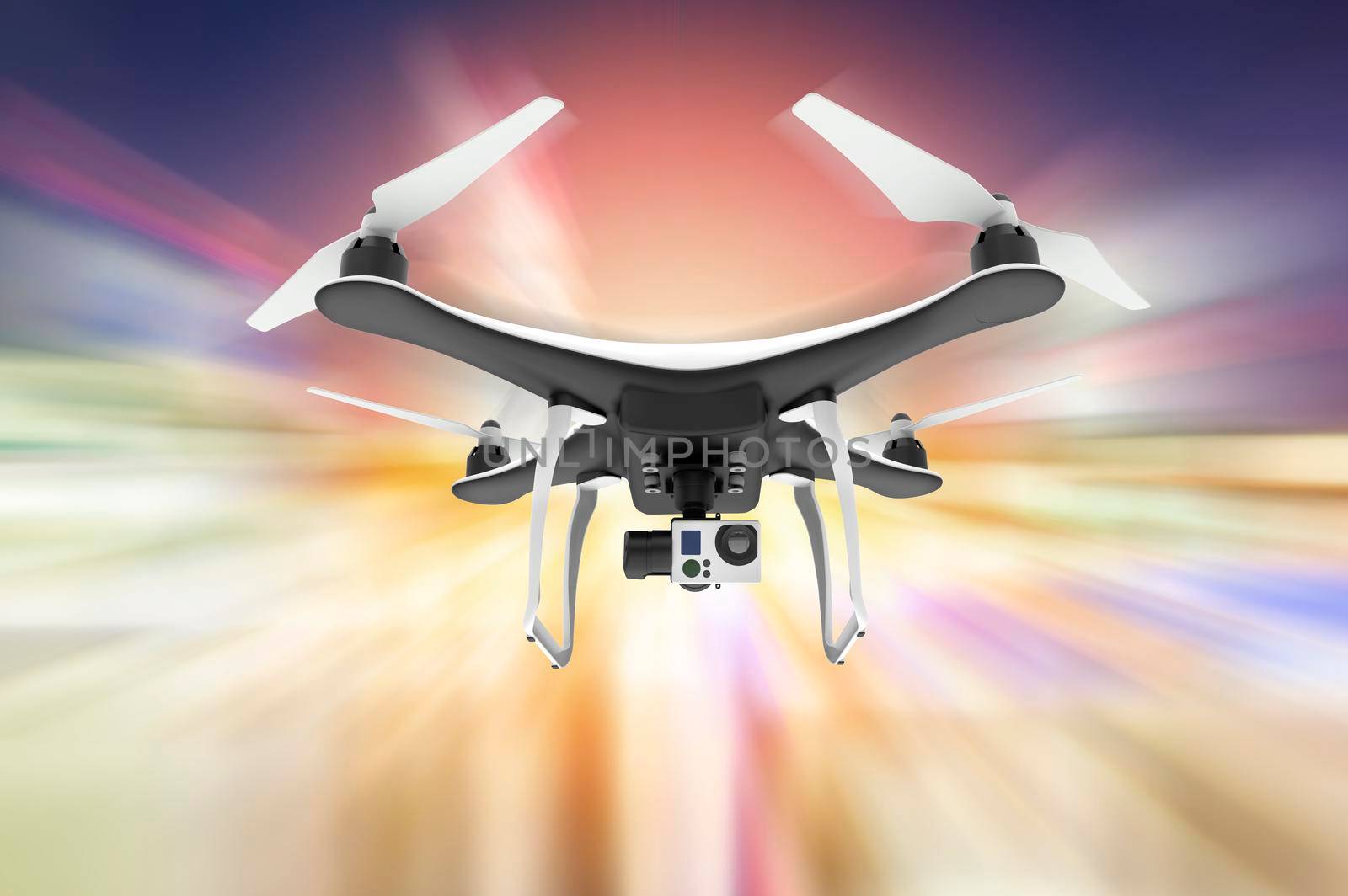 Drone with digital camera flying over an abstract colorful background: 3D rendering