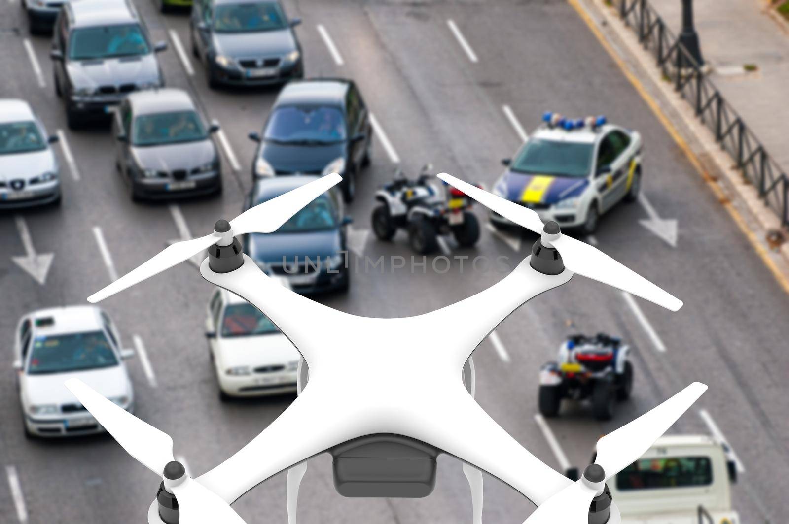 Drone with digital camera flying over a street: 3D rendering