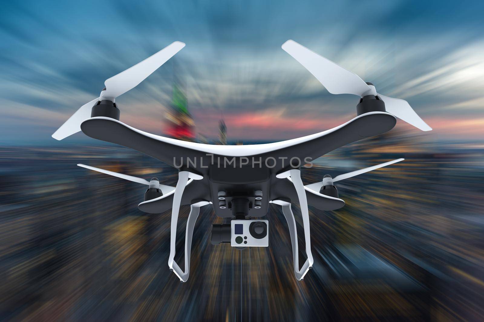 Drone with digital camera flying over a modern city by night by cla78