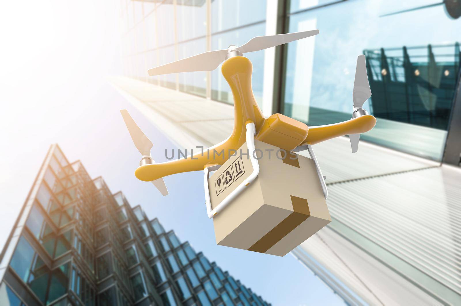 Drone with a delivery box package in a modern city: 3D rendering