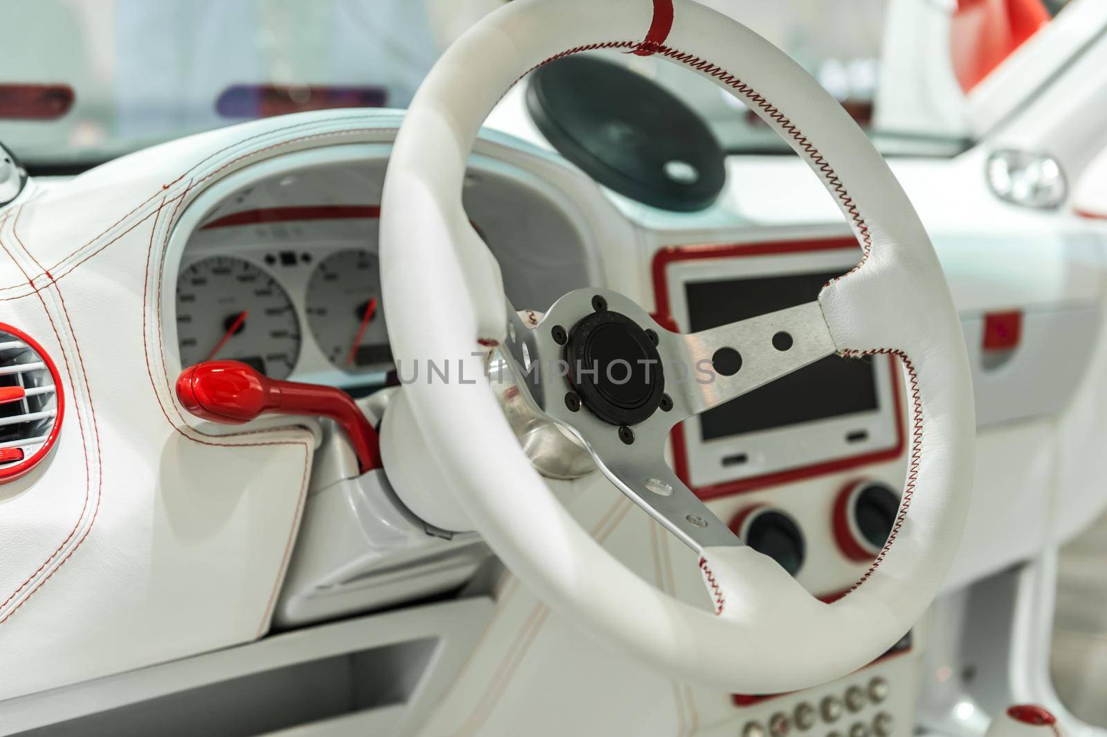 White and red dashboard of a modern car