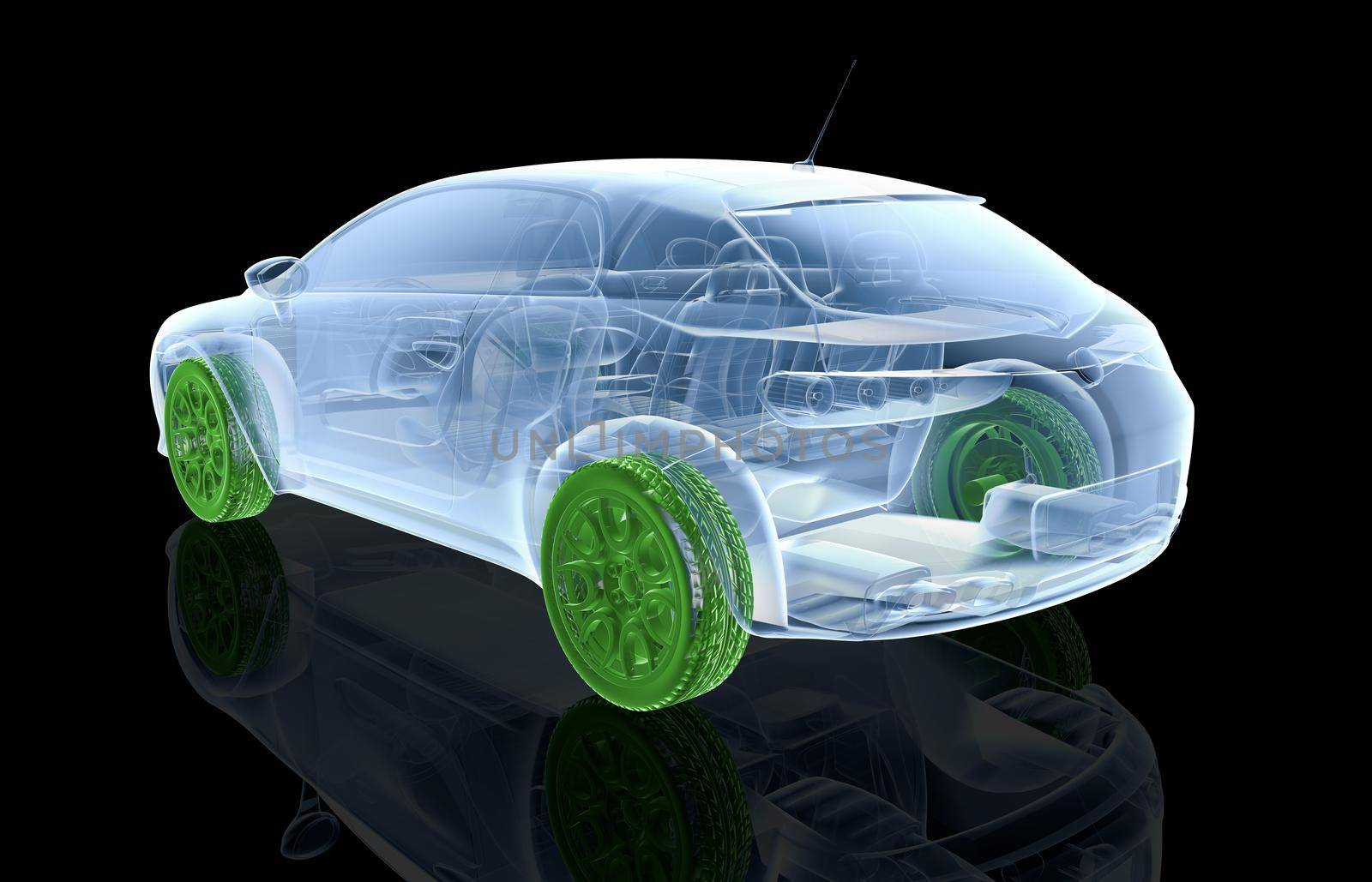 X-ray car with green wheels on a black background - 3D illustration