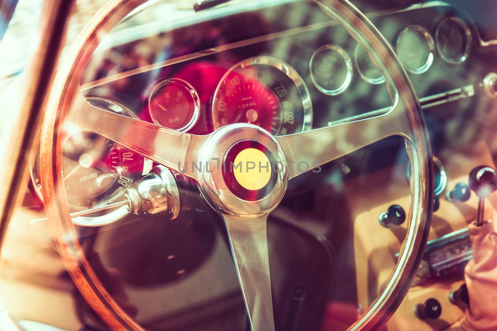 Inside of a luxury vintage car with cross process effect