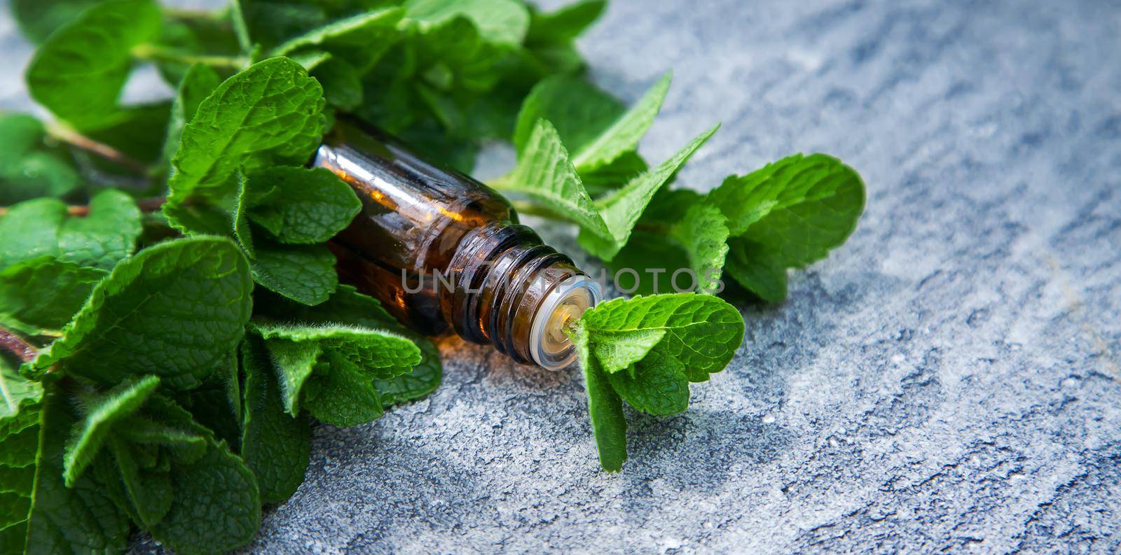 Peppermint essential oil in a small bottle. Selective focus. by Anuta23