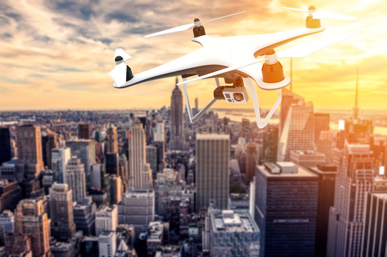 Drone with digital camera flying over New York city: 3D rendering