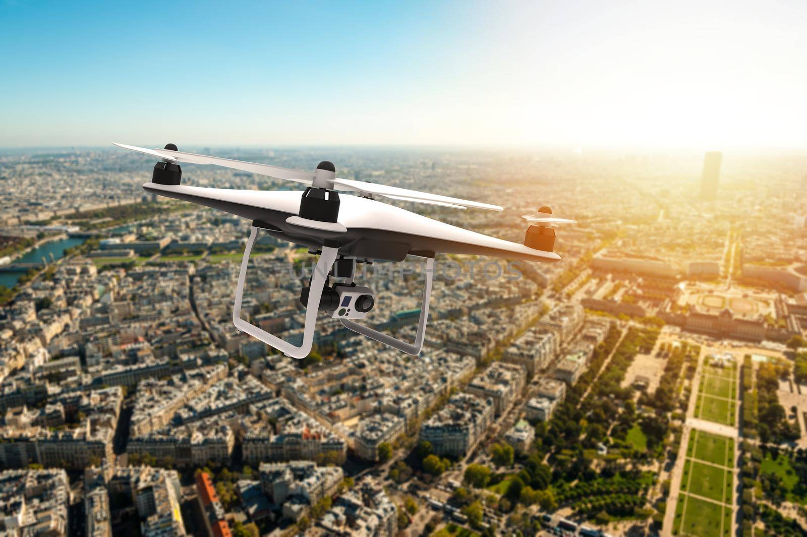 Drone with digital camera flying over a city: 3D rendering