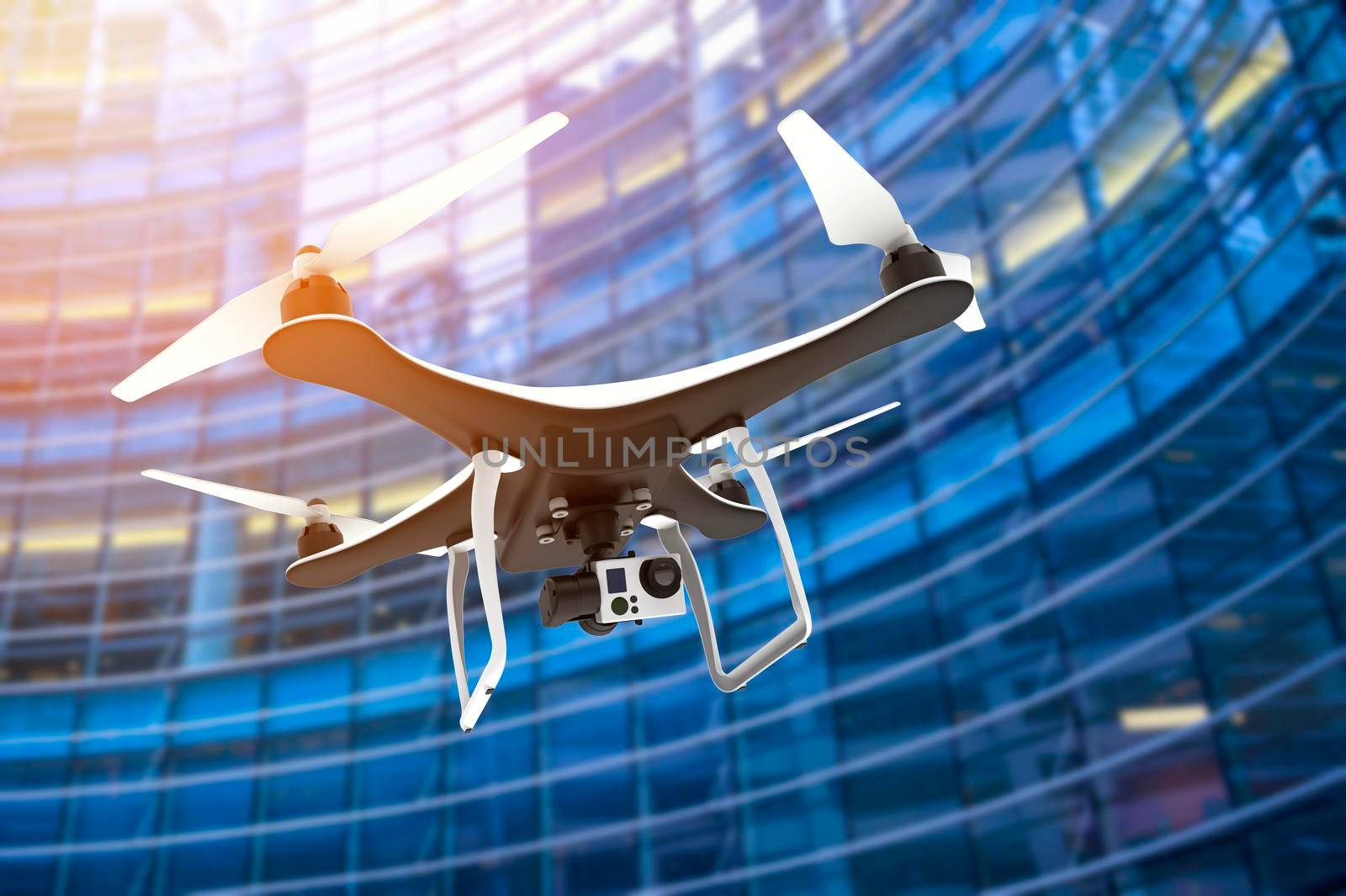 Drone with digital camera flying in front of modern skyscraper: 3D rendering