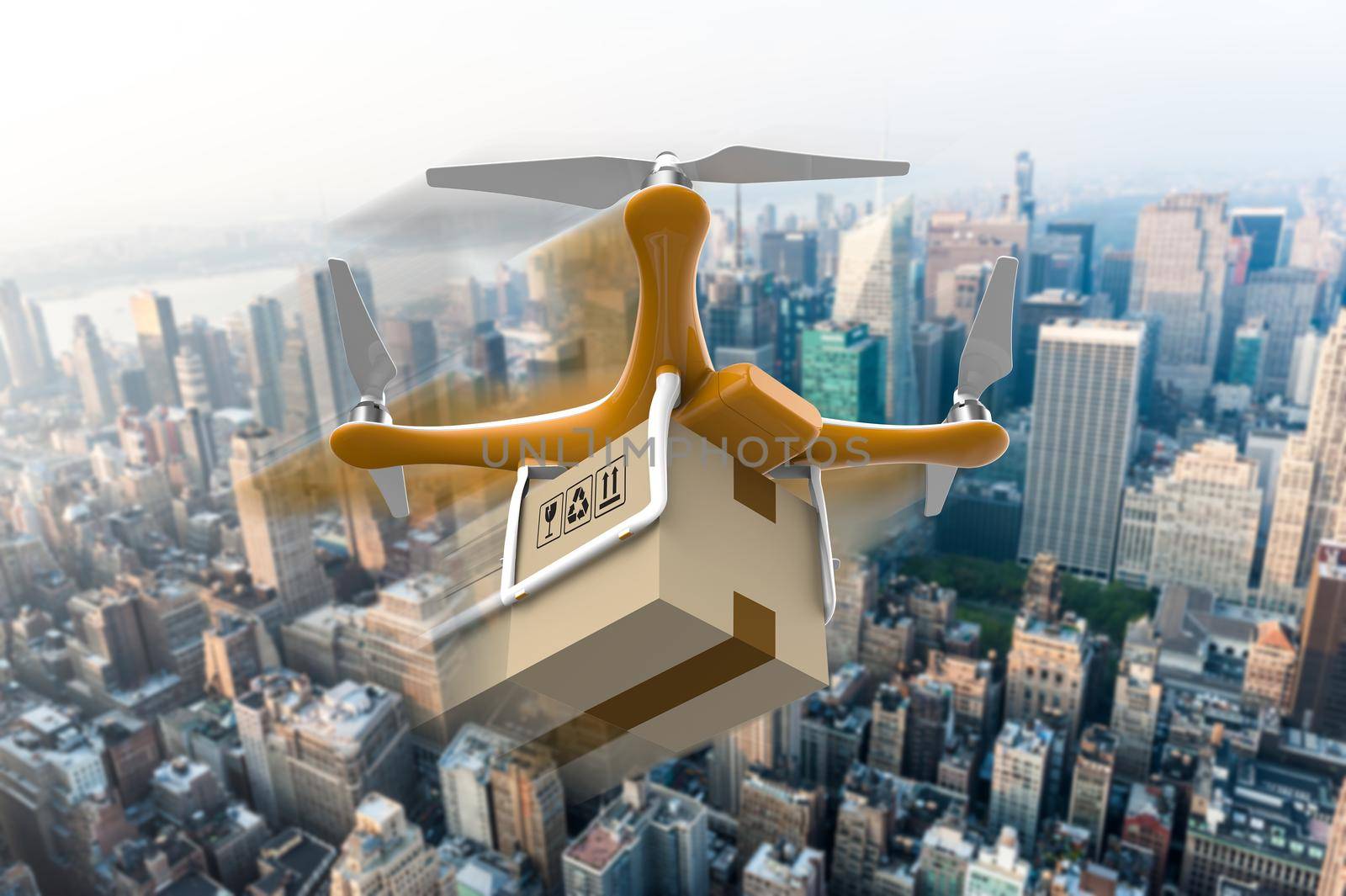 Drone with a delivery box package over a city by cla78