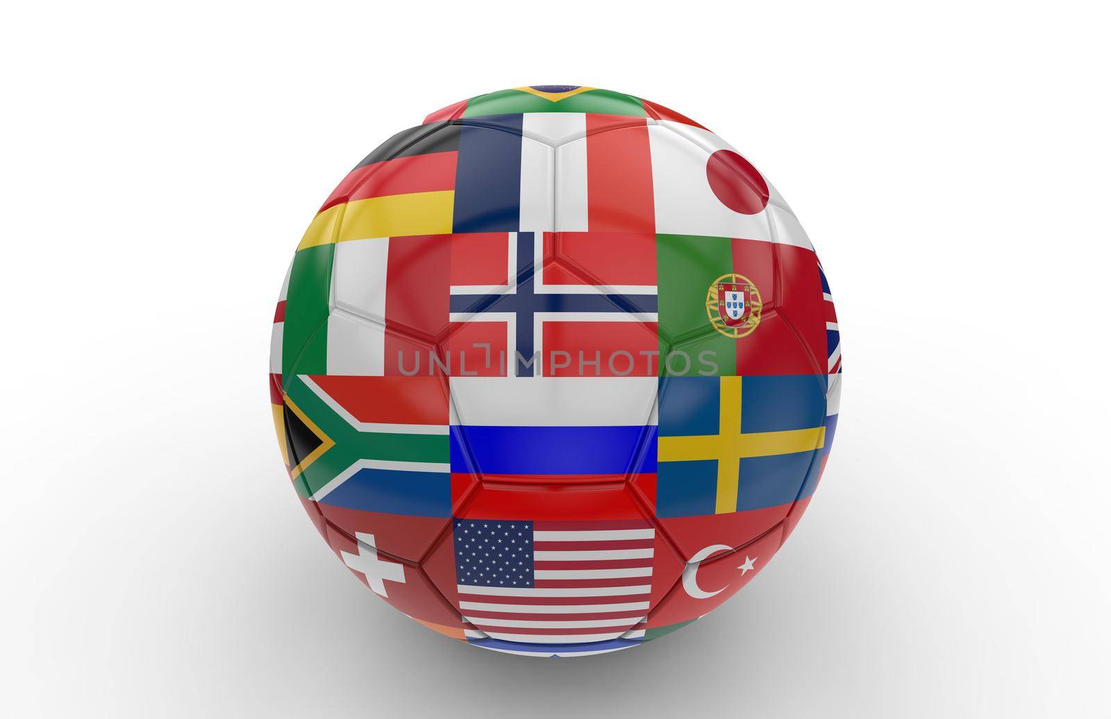 Soccer ball with many flags isolated on white background; 3d rendering
