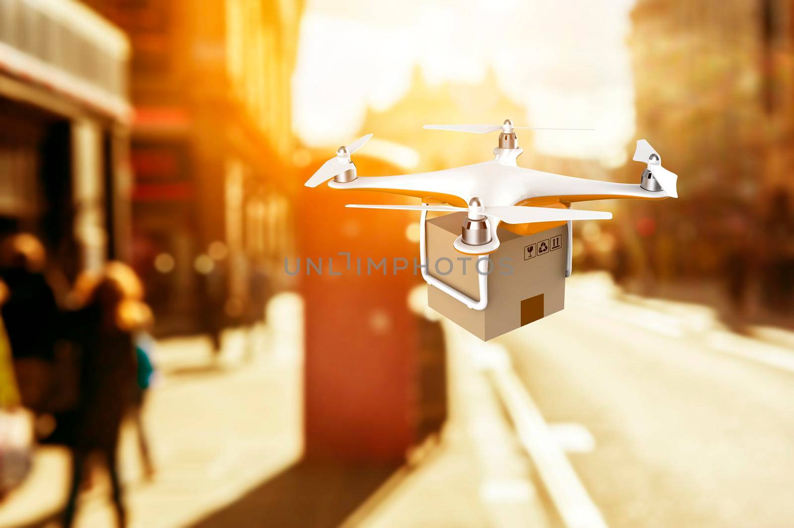 Drone flying with a delivery box package in the sunset: 3D rendering