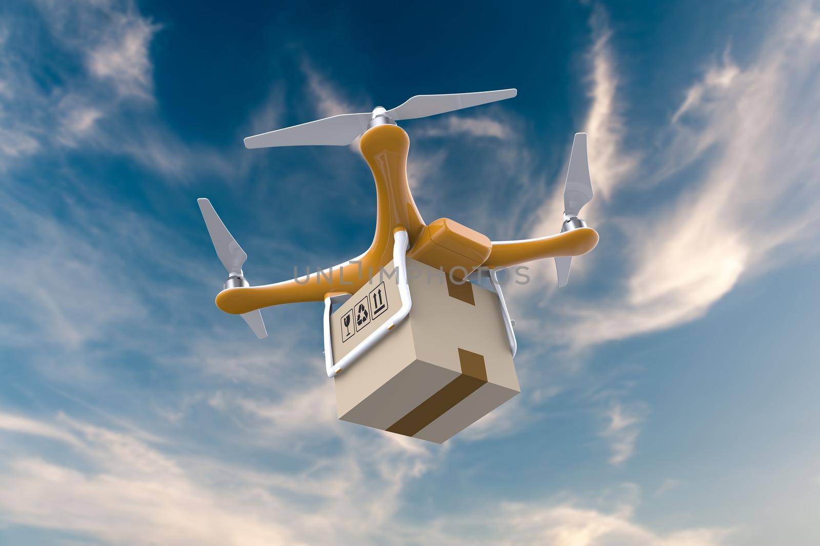 Drone flying with a delivery box package in the sky: 3D rendering