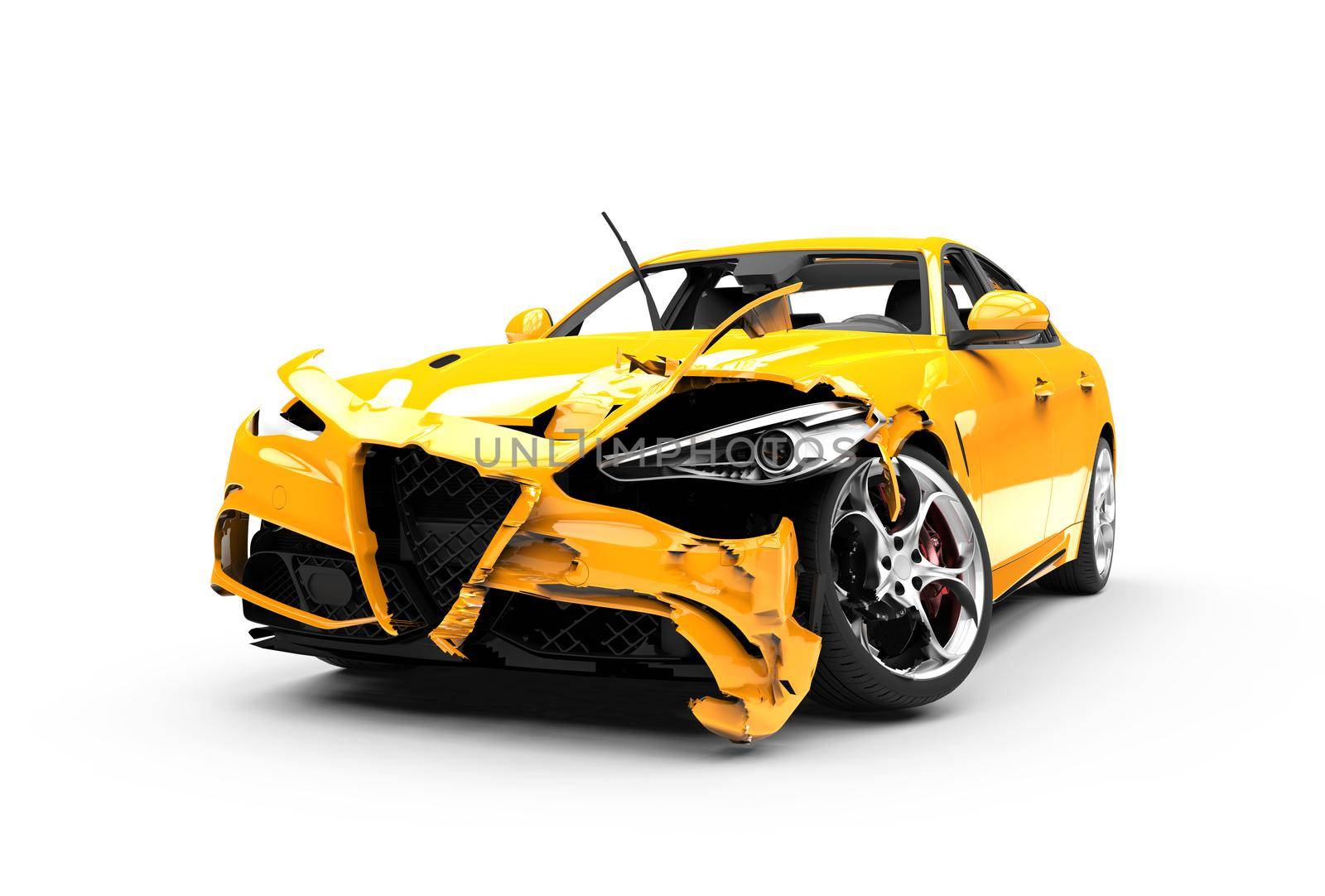 Yellow car crash on a white background isolated on a white background: 3D rendering