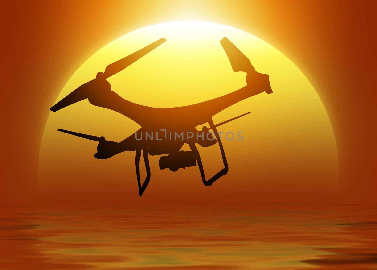 Silhouette of a drone with digital camera flying over the sun: 3D rendering