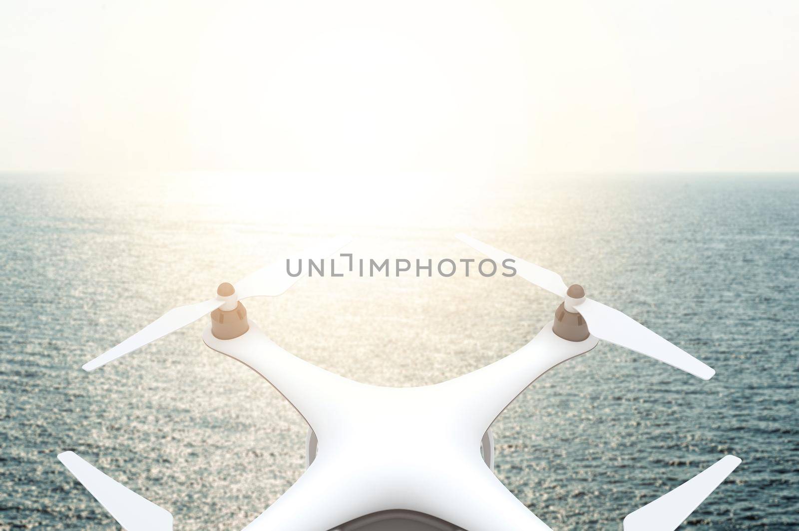 Drone with digital camera flying over sea in sunset: 3D rendering