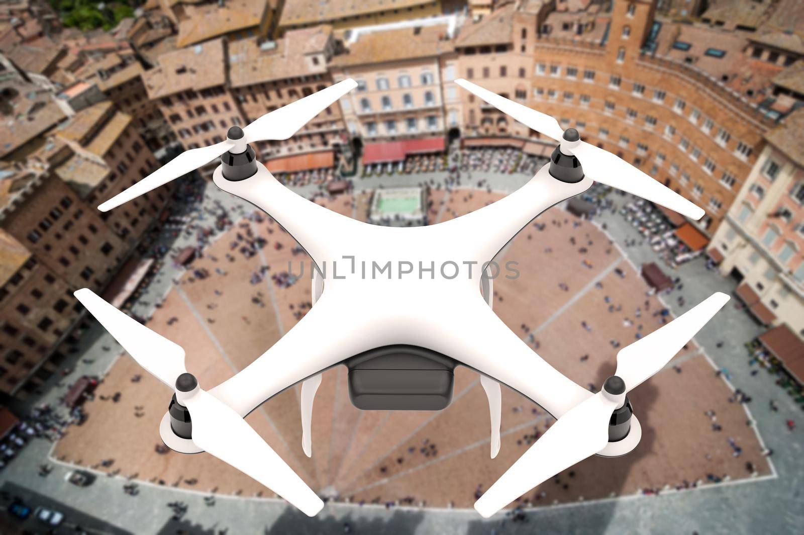 Drone with digital camera flying over a square of an italian city: 3D rendering