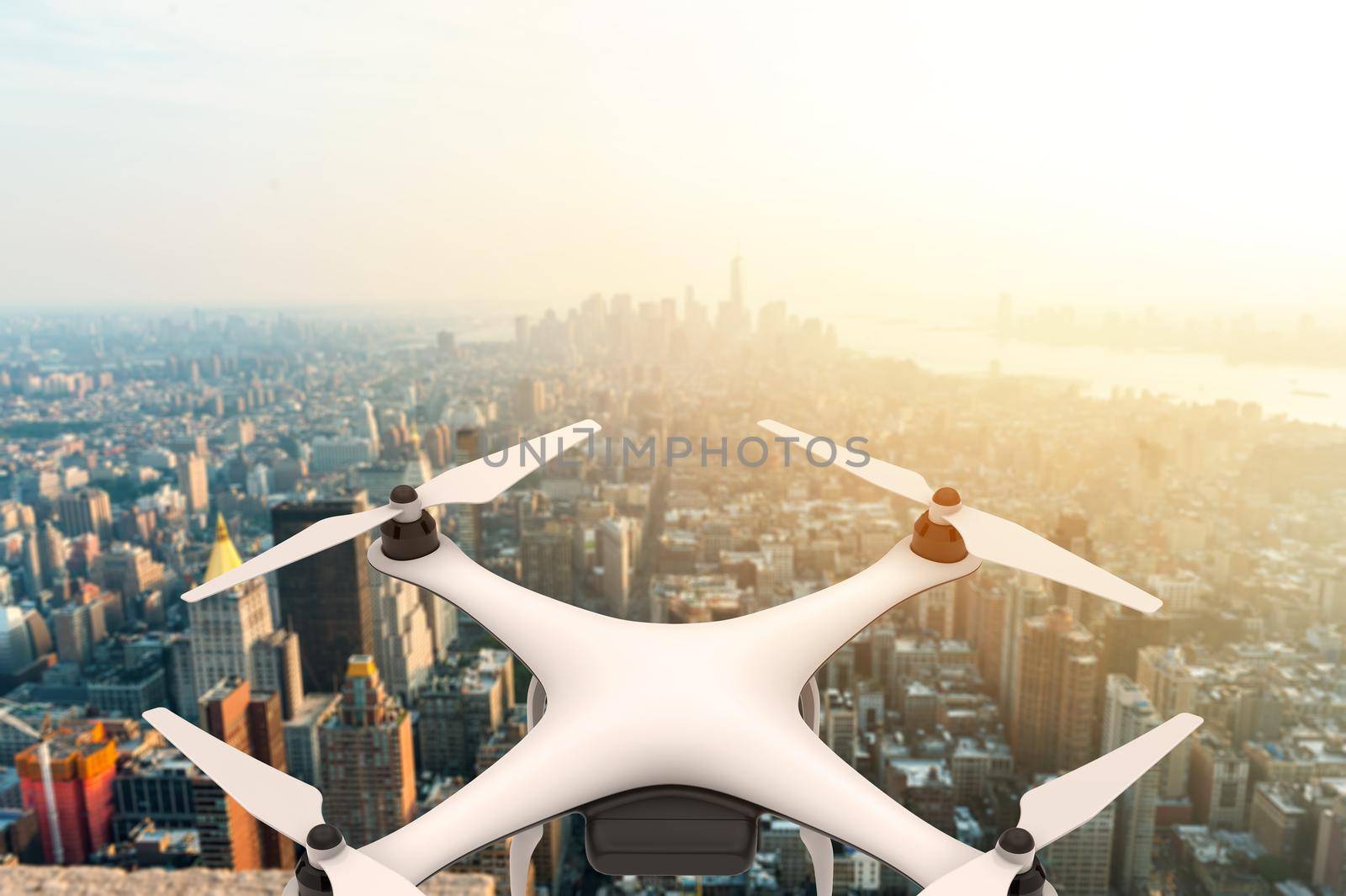 Drone with digital camera flying over a modern city at sunset: 3D rendering