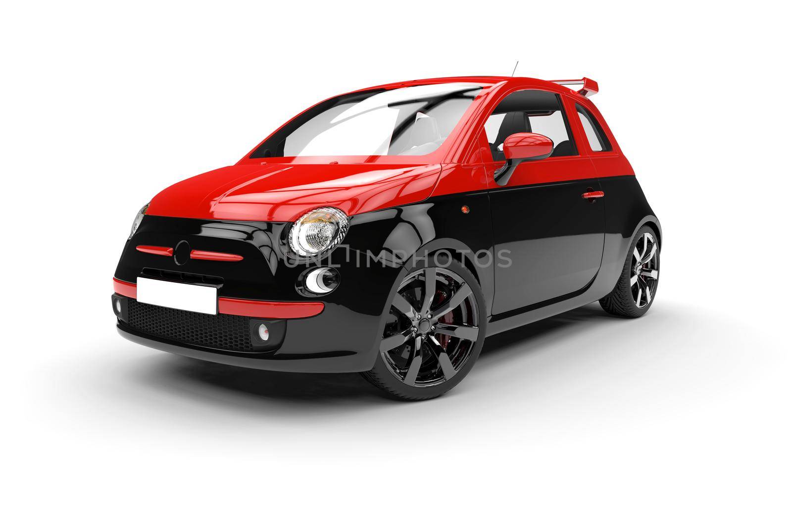 Front of a generic red and black city car isolated on a white background