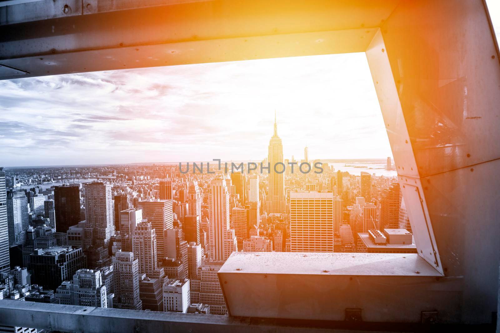 New York city in black and white with sunset