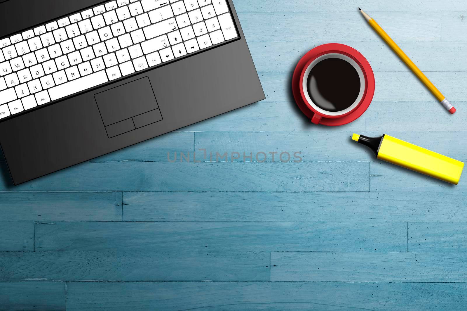 Office table top view with laptop and coffee