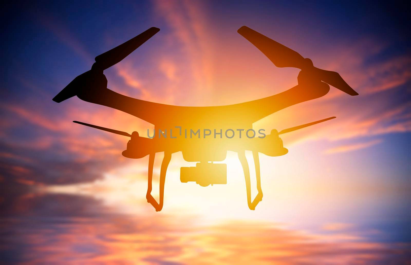 Silhouette of drone with digital camera flying in a sunset sky: 3D rendering
