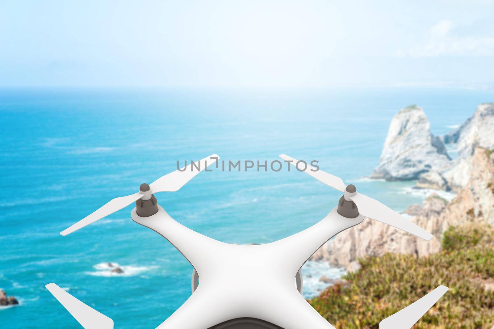 Drone with digital camera flying over the sea by cla78