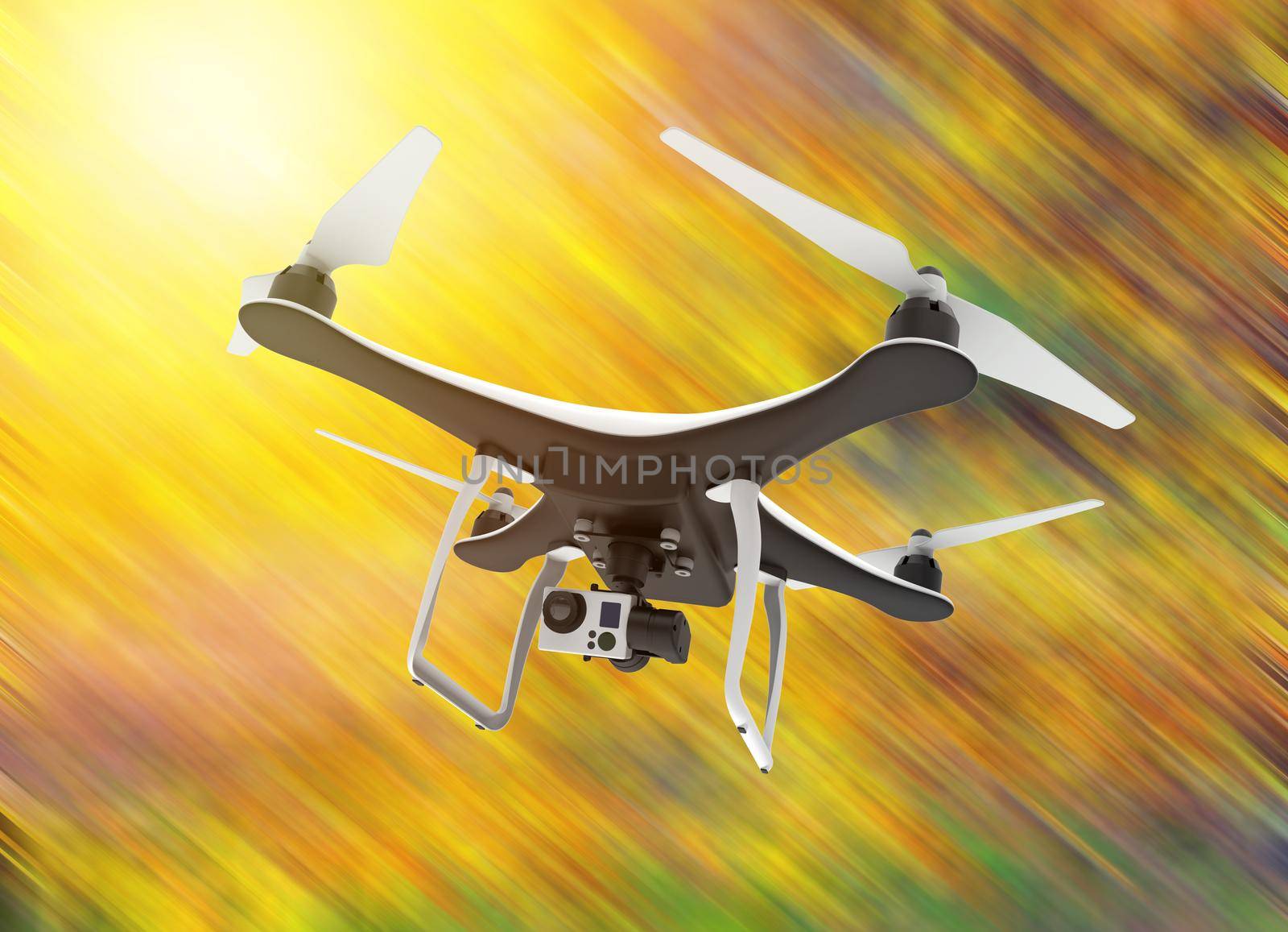 Drone with digital camera flying on a yellow background: 3D rendering