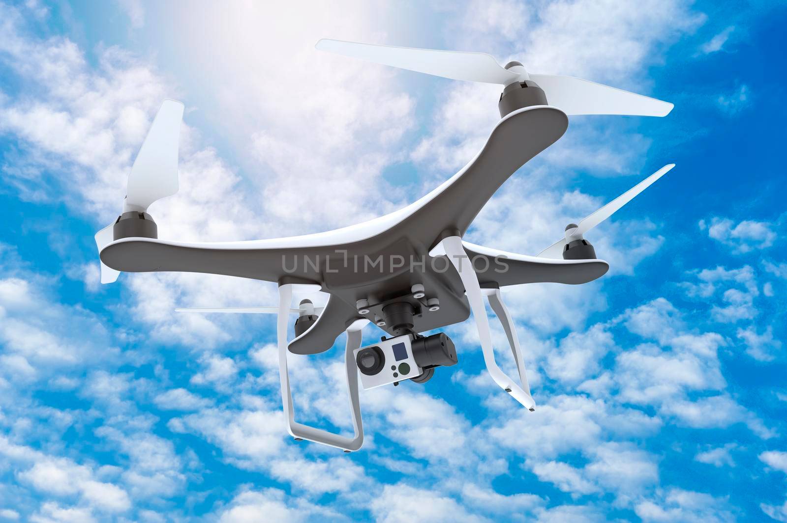 Drone with digital camera flying in a blue sky: 3D rendering