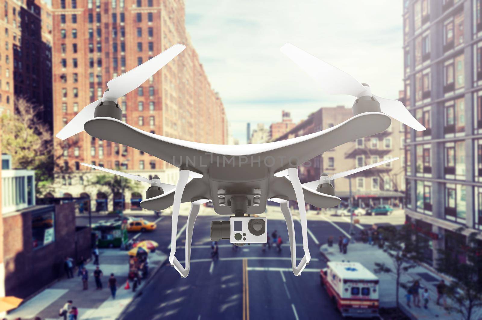 Drone with digital camera flying in a bigh city: 3D rendering