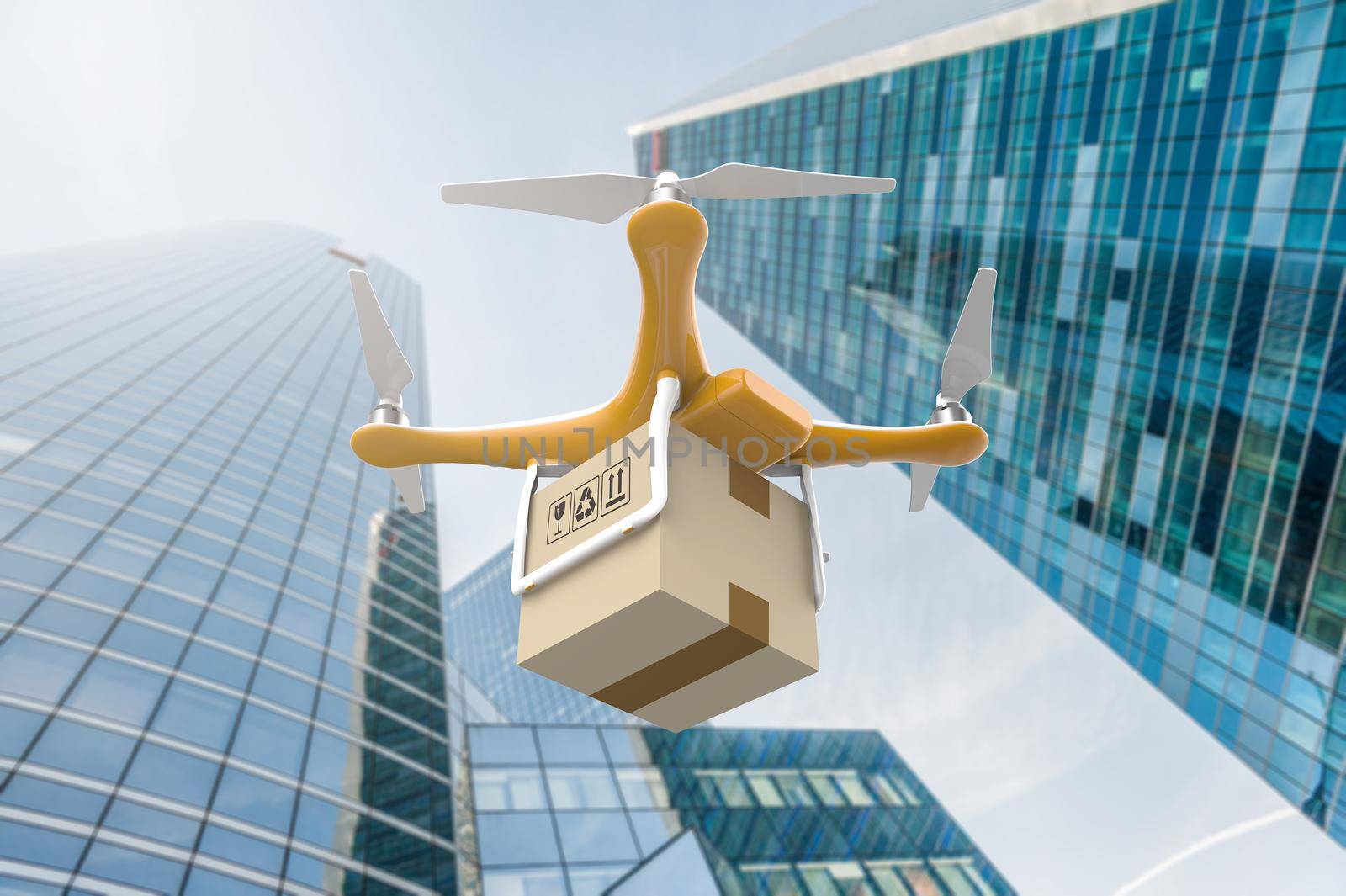 Drone flying with a delivery box package in a city: 3D rendering