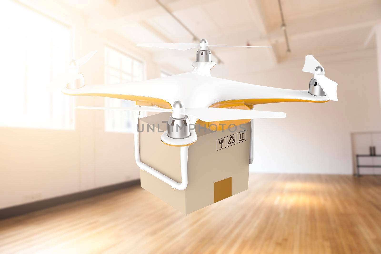 Drone flying with a delivery box package in a white room: 3D rendering