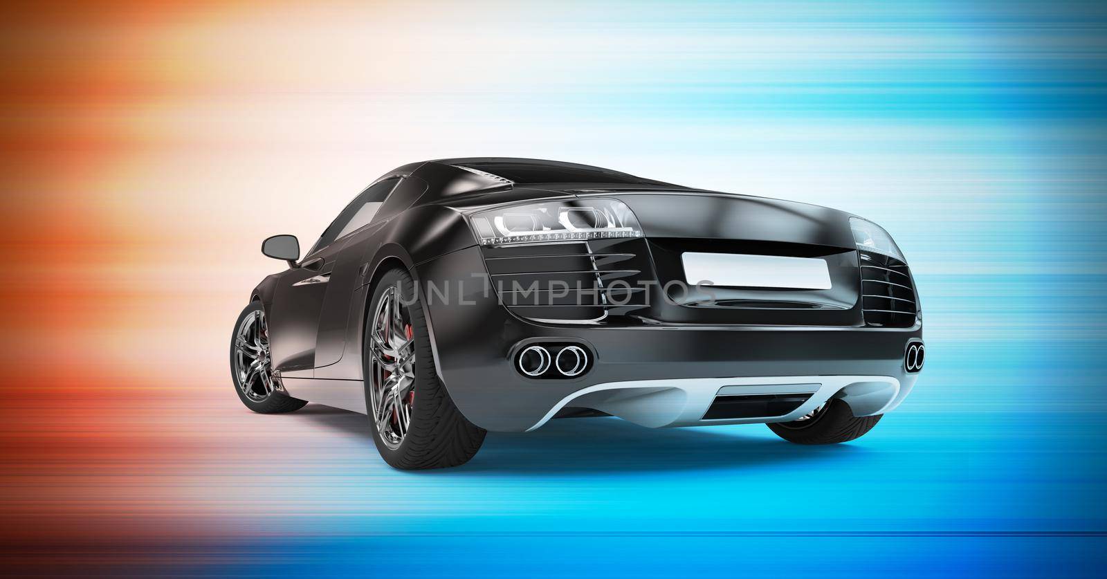 Back of a generic black sport car isolated on a colorful background