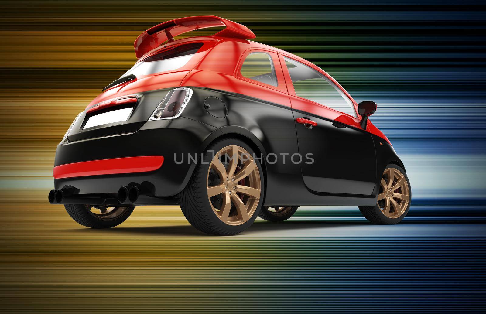 Back of a generic red and black city car isolated on a colorful background