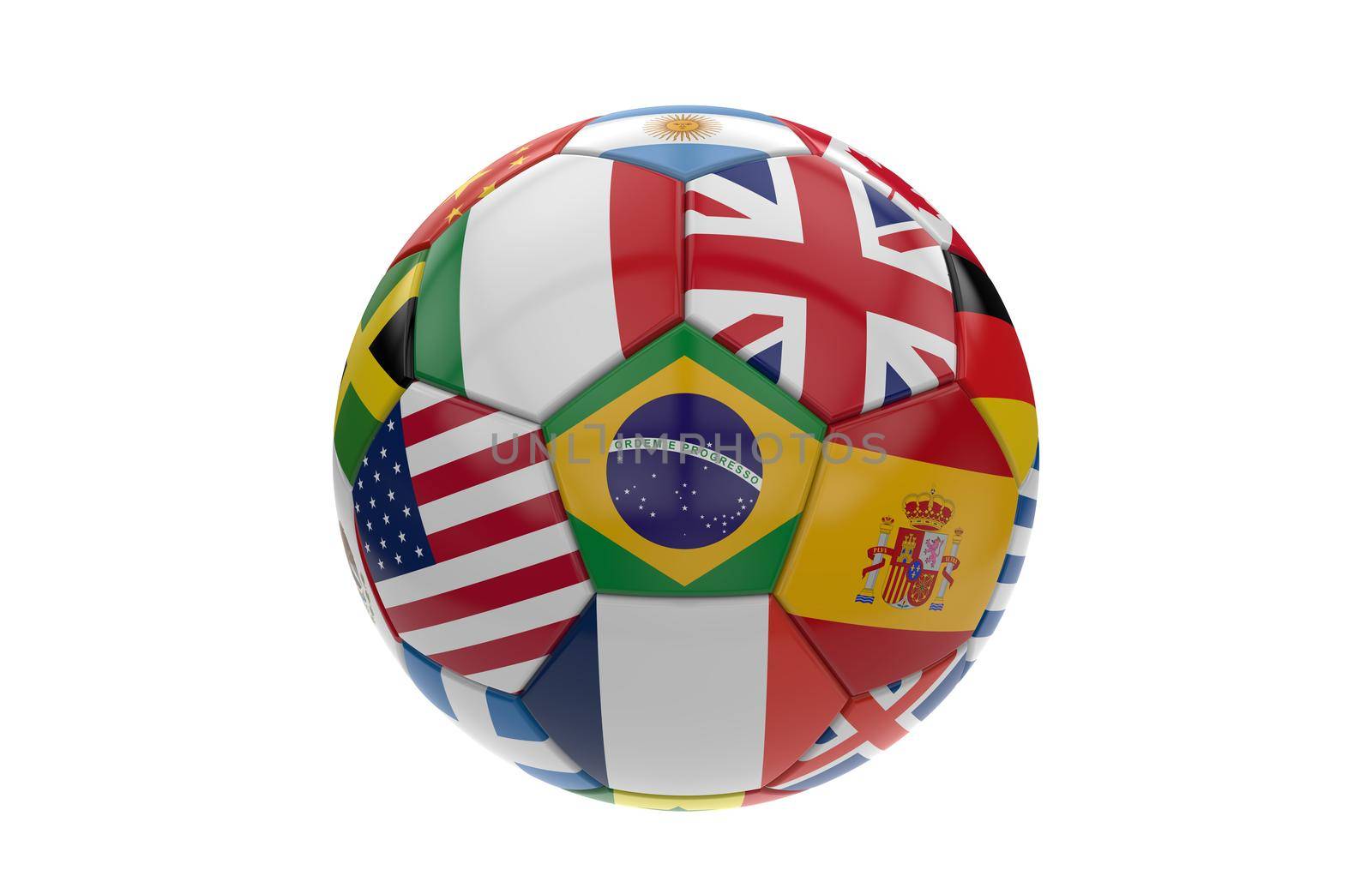 Soccer ball with many flags isolated on white background; 3d rendering