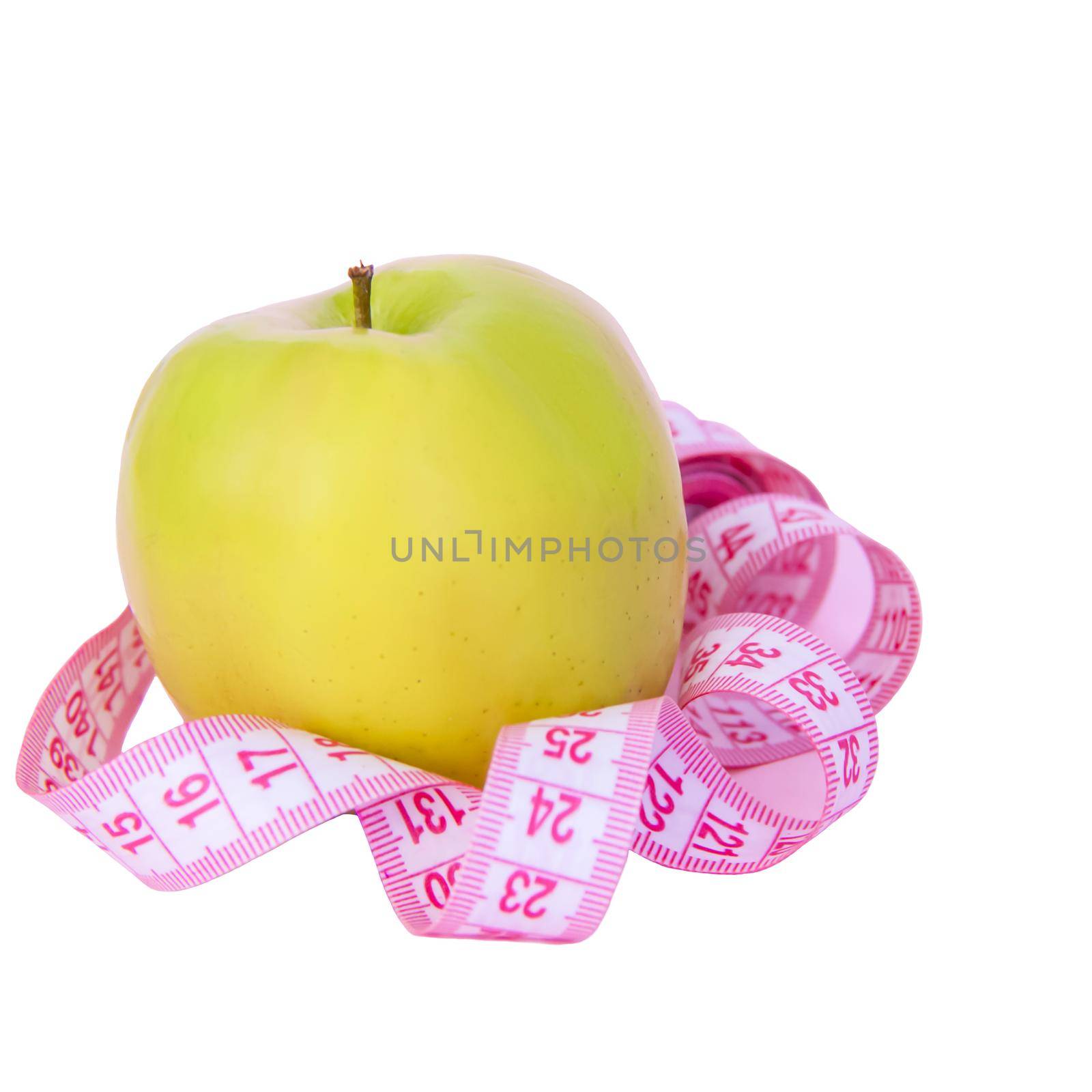 A green apple and a centimeter measuring tape on a white isolated background. Sports, sports nutrition, healthy eating, diet. Space for text. Go in for sports, lose weight.