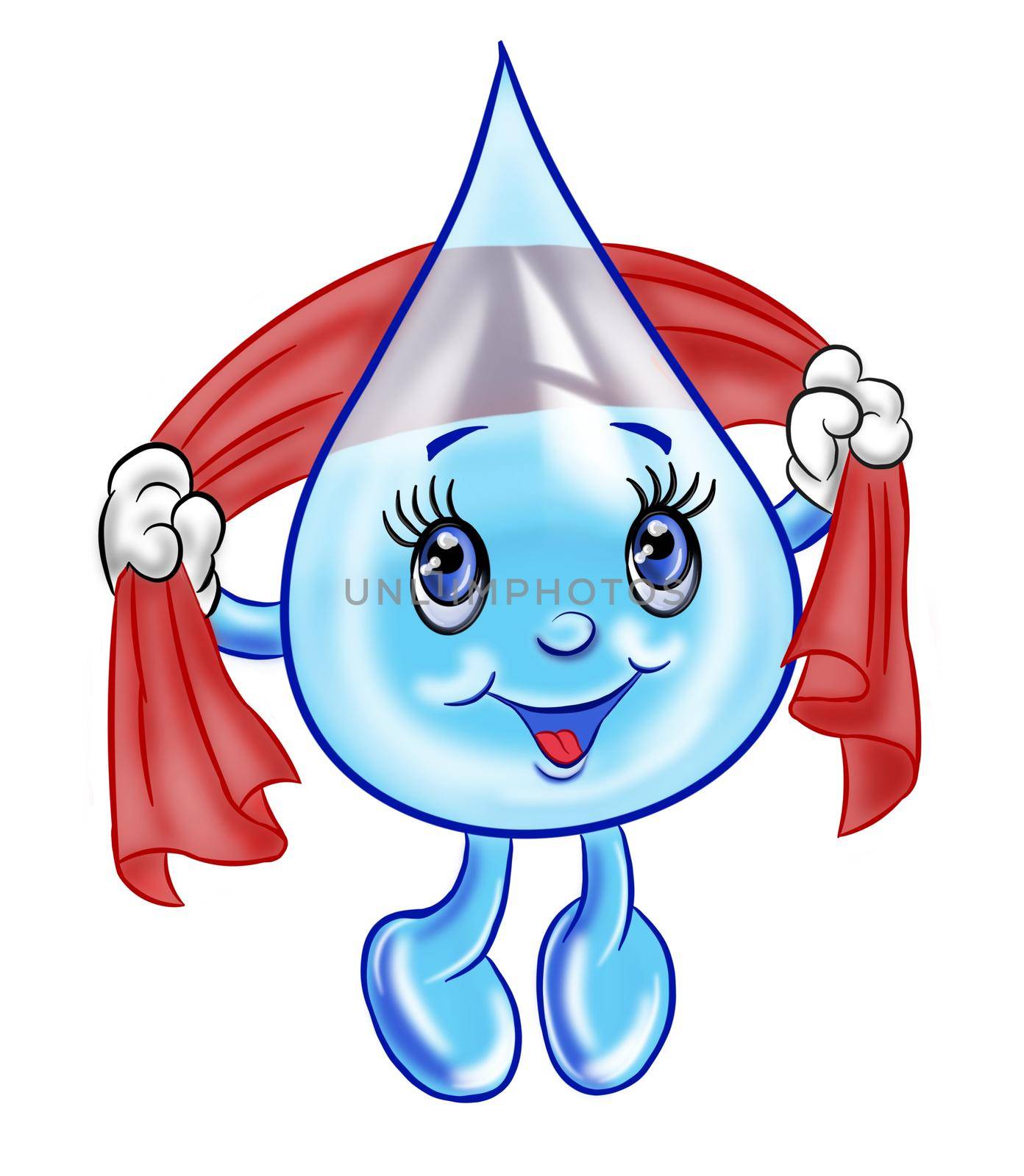 Cute cartoon water droplet with a red towel in her hands. Design on the theme of water and bathing. Water