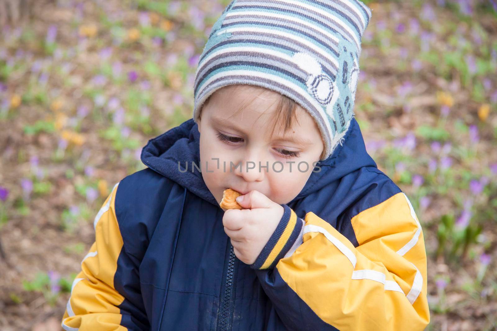 portrait of a cute boy in the park in spring. A boy in a hat on the street. Walk, play and have fun. Emotions, joy. Portrait of a child. Spring