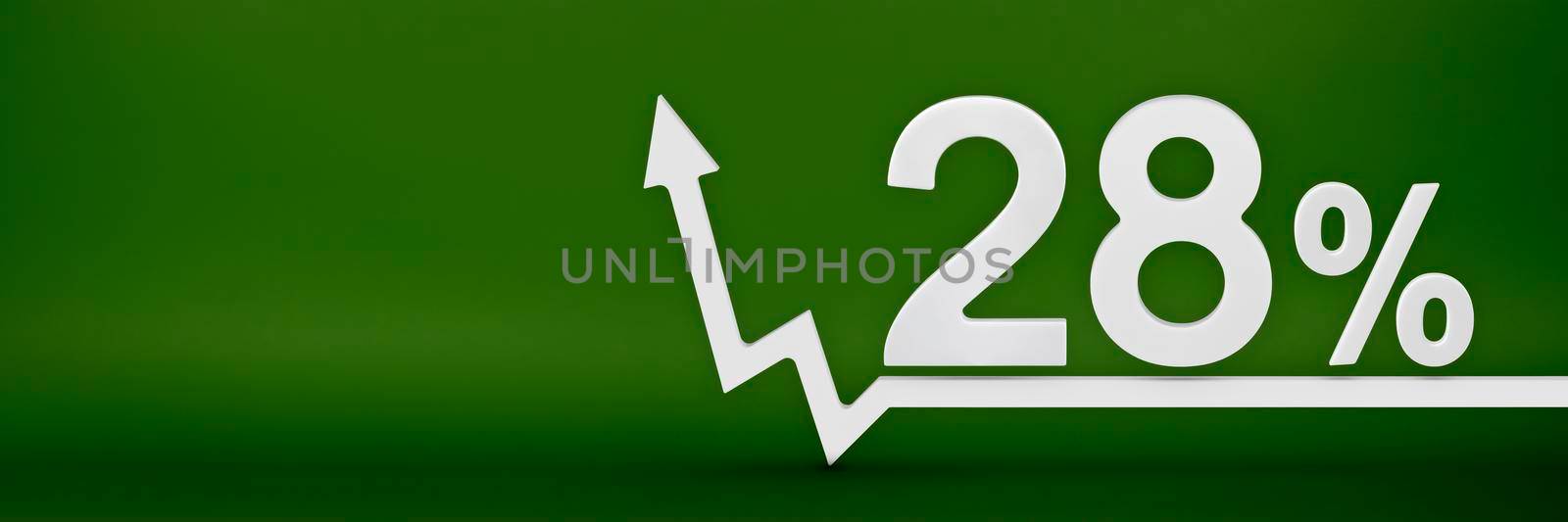 28 percent. The arrow on the graph points up. Rising prices, inflation, increase in income, increase in interest rates, taxes. 3d banner, twenty eight percent sign discount on a green background. by SERSOL