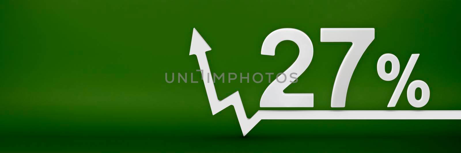 27 percent. The arrow on the graph points up. Rising prices, inflation, increase in income, increase in interest rates, taxes. 3d banner, twenty seven percent sign discount on a green background