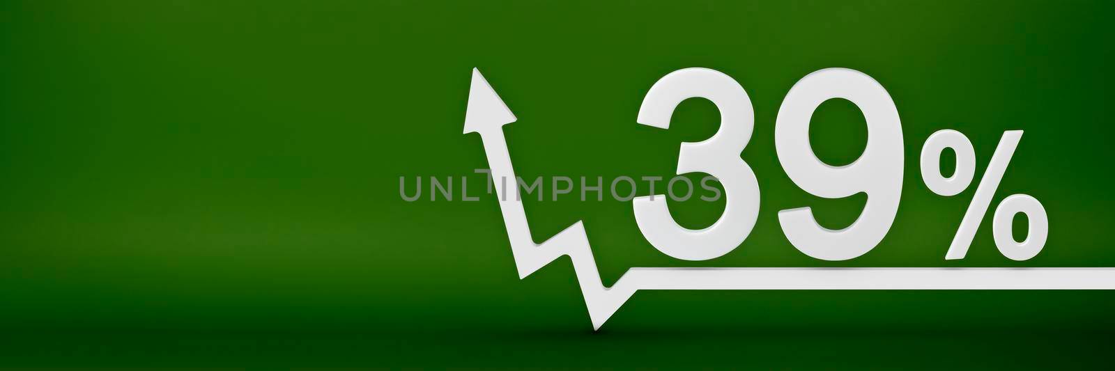 39 percent. The arrow on the graph points up. Rising prices, inflation, increase in income, increase in interest rates, taxes. 3d banner, thirty nine percent sign discount on a green background. by SERSOL