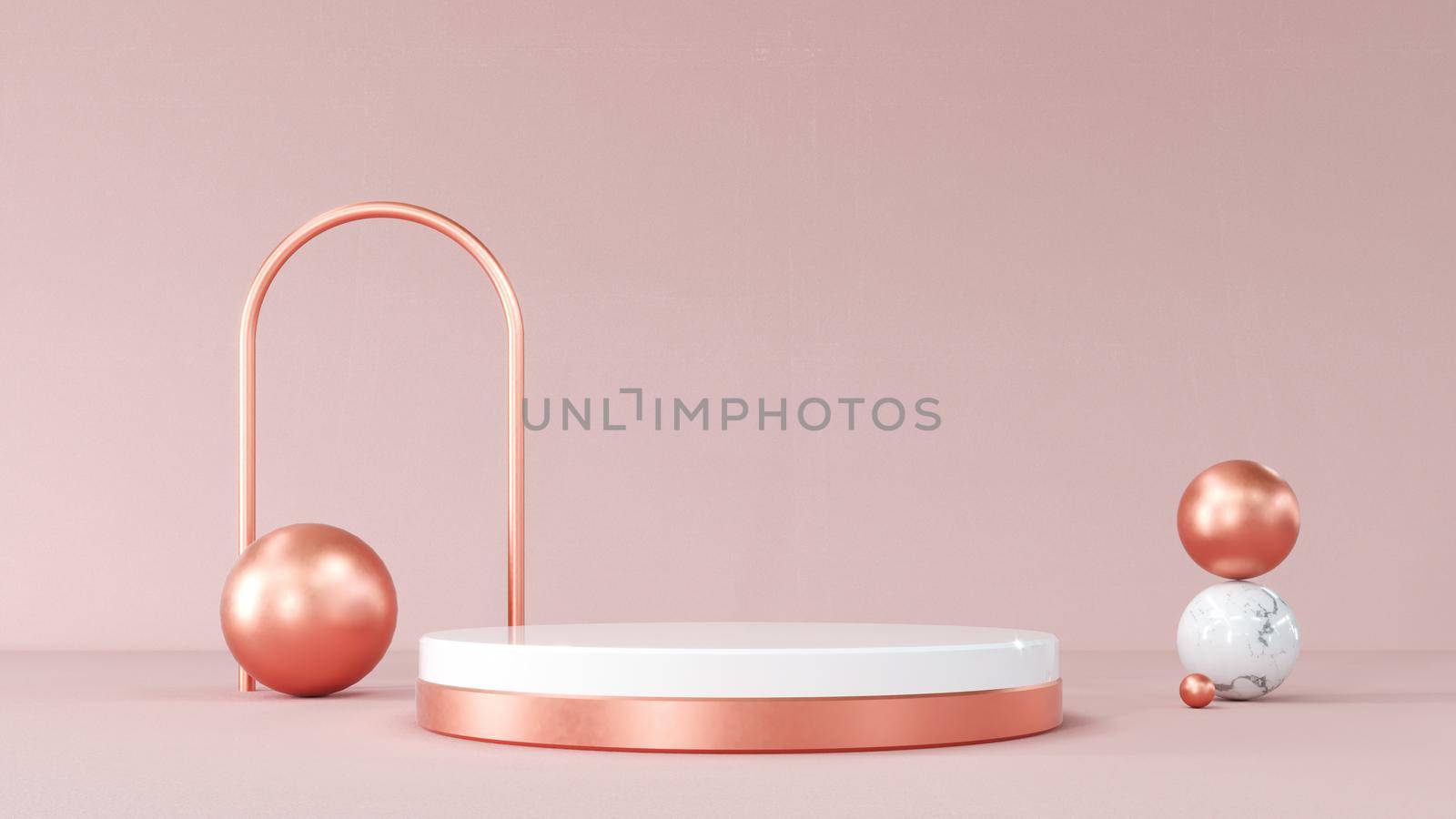 Composition with round scene.geometry with spheres. Abstract Pastel pink geometric shape blank platform. Podium empty showcase pedestal product display for cosmetic presentation. 3d Rendering.