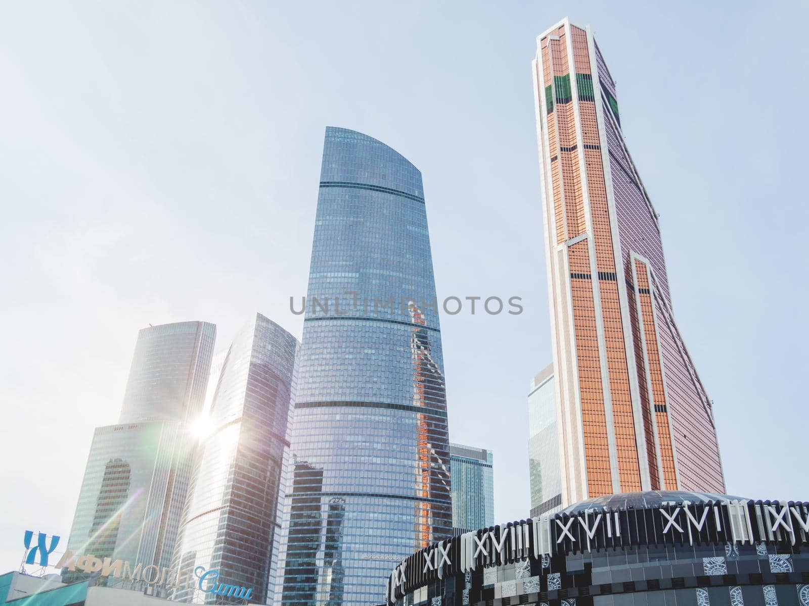 MOSCOW, RUSSIA - October 03, 2020. Moscow International Business Center MIBC , Federation and Mercury towers and Afimall on clear blue sky background.