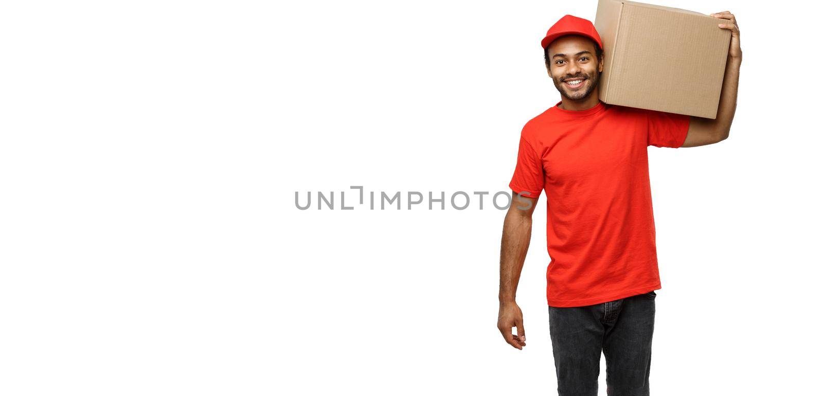 Delivery Concept - Set of Portrait of Happy African American delivery man in red cloth holding a box package. Isolated on white studio Background. Copy Space.